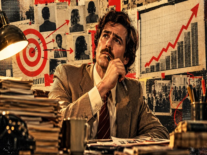 Estrategista de publicidade investigando públicos, mensagens e crescimento em ilustração vintage