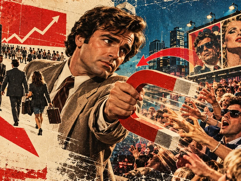 Ilustração publicitária vintage de um ímã atraindo pessoas interessadas, como metáfora da geração de demanda