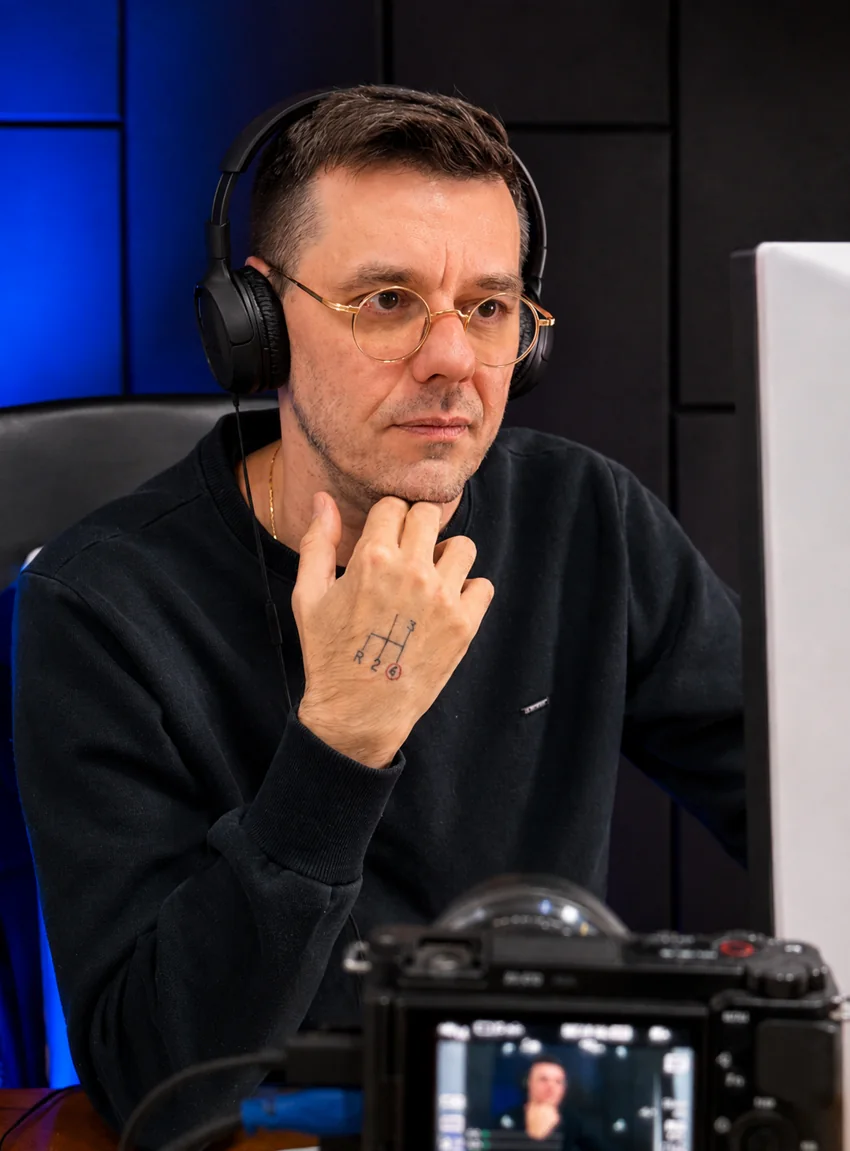 James William em seu estúdio, trabalhando com anúncios online